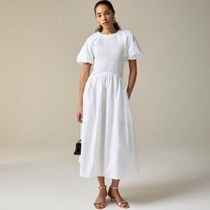 NWT J.Crew Meadow Dress Cotton Poplin White SZ S Smocked Bodice Puff Sleeve